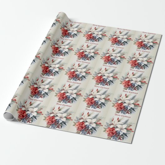 Papier Cadeau Christmas White Red Flowers Holidays Elegant (Déroulé)