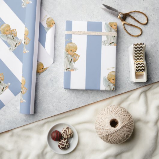 Papier Cadeau Christmas Wrapping Blue & White Stripe Angel Baby (Artisanat)
