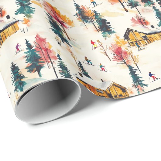 Papier Cadeau Christmas Wrapping Paper With Colorful Ski Lodge (Coin rond)