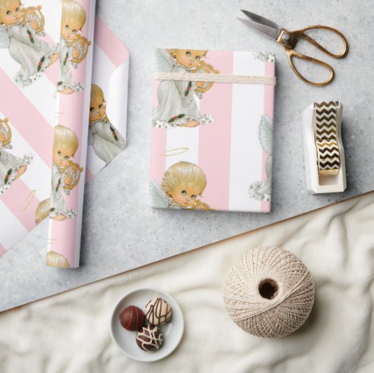 Papier Cadeau Christmas Wrapping Pink & White Stripe Angel Baby (Artisanat)