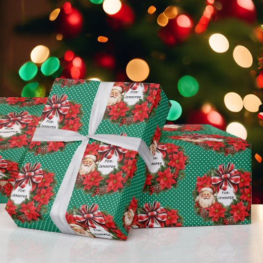 Papier Cadeau Christmas Wreath Ajouter le nom Classic Père Noël 