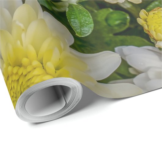 Papier Cadeau Chrysanthème Floral Jaune Vert Blanc Blanc (Coin rond)