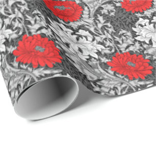 Papier Cadeau Chrysanthèmes, gris et rouge de William Morris