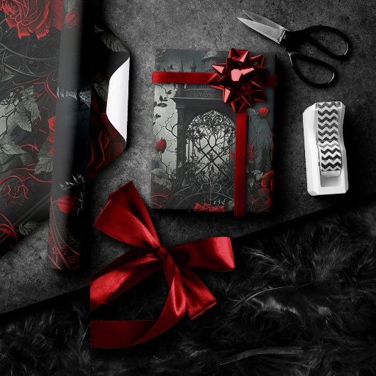 Papier Cadeau Cimetière gothique Jardin Rose avec Rouge et Noir