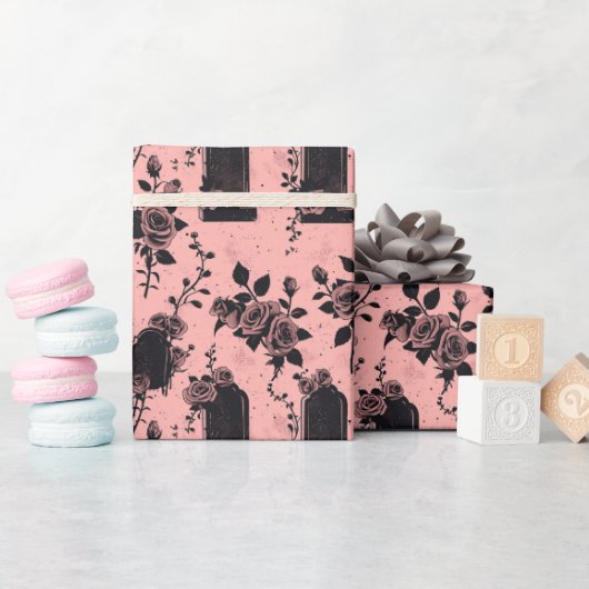 Papier Cadeau Cimetière gothique occulte rose rose (Baby Shower)