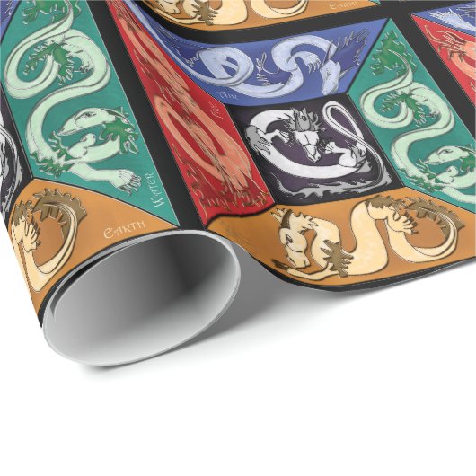 Papier Cadeau Cinq dragons élémentaires (Coin rond)