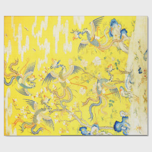 Papier Cadeau Cinq Phoenix dans Jardin chinois jaune floral