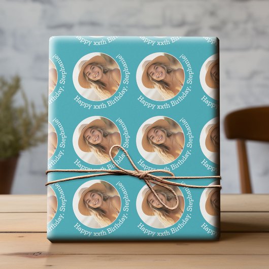 Papier Cadeau Circle One Photo avec voeux d'anniversaire - Bleu