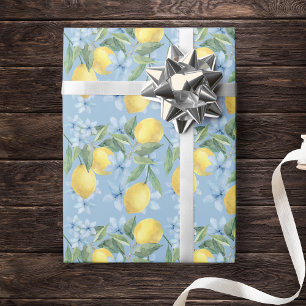 Papier Cadeau Citron et fleurs à l'aquarelle bleue
