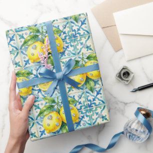 Papier Cadeau Citrons d'Amalfi, Diamants et carreaux méditerrané