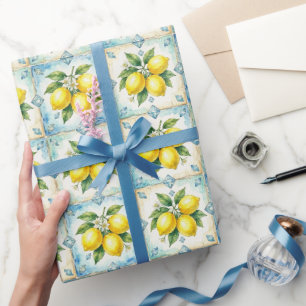 Papier Cadeau Citrons d'Amalfi, Diamants et carreaux méditerrané