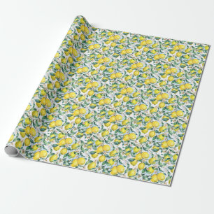Papier Cadeau citrons d'aquarelle, branche d'agrumes frais.