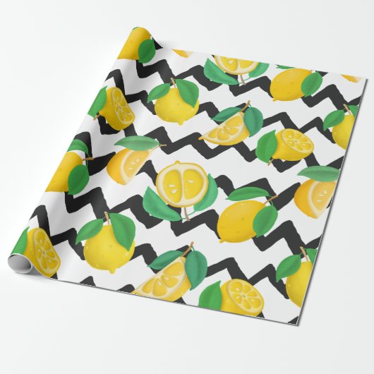 Papier Cadeau Citrons et Feuilles avec Chevron noir (Déroulé)