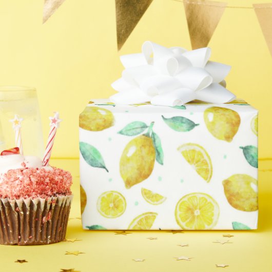 Papier Cadeau citrons et feuilles d'aquarelle sur arrière - plan (Fête d'anniversaire)