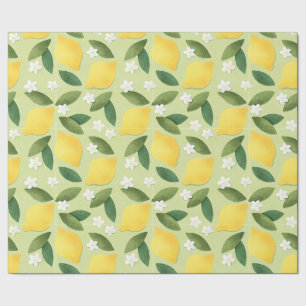 Papier Cadeau Citrons et fleurs blanches sur Arrière - plan vert