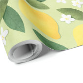 Papier Cadeau Citrons et fleurs blanches sur Arrière - plan vert (Coin rond)