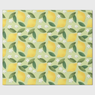 Papier Cadeau Citrons et fleurs blanches sur Arrière - plan vert