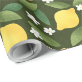 Papier Cadeau Citrons jaunes, Feuilles verts et fleurs blanches (Coin rond)