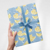 Papier Cadeau Citrons tranchés et fleurs à l'aquarelle bleue