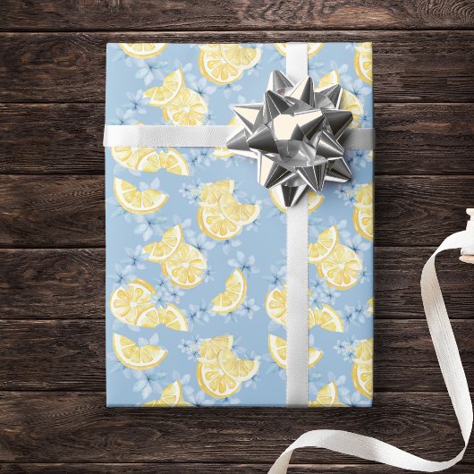 Papier Cadeau Citrons tranchés et fleurs à l'aquarelle bleue