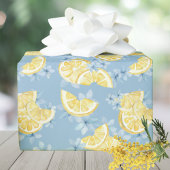 Papier Cadeau Citrons tranchés et fleurs à l'aquarelle bleue