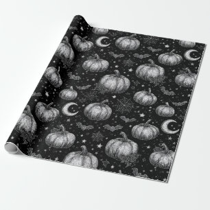 Papier Cadeau Citrouille d'Halloween noir et blanc, chauve-souri