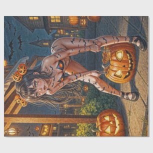 Papier Cadeau Citrouille et Fille aux Chauves-Souris Halloween M