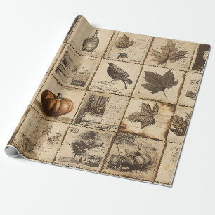 Papier Cadeau Citrouille feuille d'érable sépia Antique Récolte