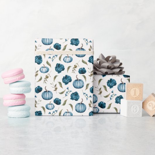 Papier Cadeau Citrouille Motif bleu automne (Baby Shower)