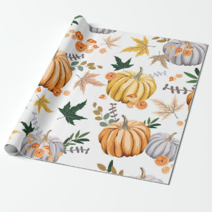 Papier Cadeau Citrouille orange d'automne et fleurs motif