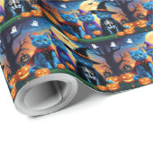 Papier Cadeau Citrouille russe Blue Cats Halloween drôle (Coin rond)