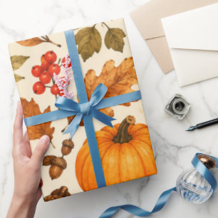 Papier Cadeau Citrouilles aquarelles d'automne, feuilles d'autom