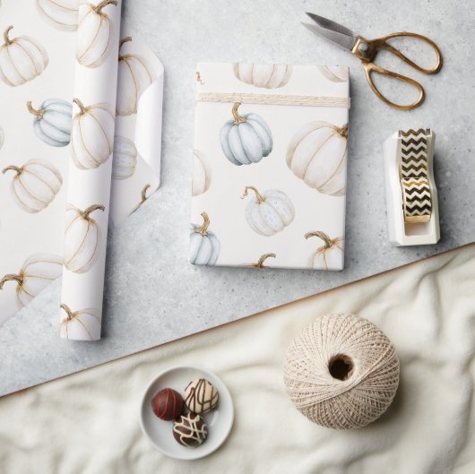 Papier Cadeau Citrouilles Bleues Blanches Doux D'Automne (Artisanat)