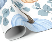 Papier Cadeau Citrouilles bleus et oranges et Feuilles d'Eucalyp (Coin rond)