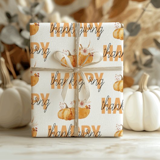 Papier Cadeau Citrouilles d'aquarelle et Bon thanksgiving orange