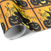 Papier Cadeau Citrouilles de Black Happy Halloween (Coin rond)