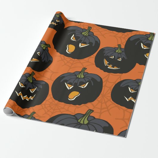 Papier Cadeau Citrouilles d'Halloween noirs sur Orange (Déroulé)