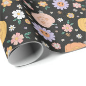 Papier Cadeau Citrouilles d'Halloween rétro et Motif de fleurs (Coin rond)