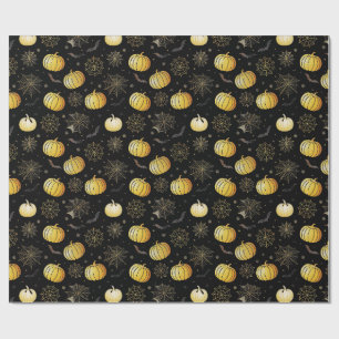 Papier Cadeau Citrouilles d'or et Webs - Motif d'Halloween trans
