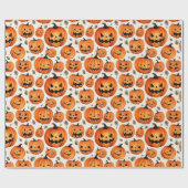 Papier Cadeau Citrouilles éffrayants sculptés et feuilles d'auto (Plat)