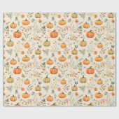 Papier Cadeau Citrouilles et Brins de Feuilles d'Automne à l'Aqu (Plat)