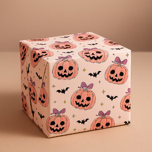 Papier Cadeau Citrouilles et Chauves-Souris Rose pour Halloween