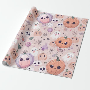 Papier Cadeau Citrouilles et fantômes d'Halloween sur rose sans
