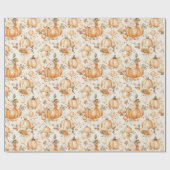 Papier Cadeau Citrouilles Fleurs Crème Orange (Plat)