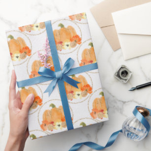 Papier Cadeau Citrouilles orange et blanc dans les cercles de gl