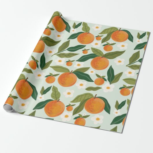 Papier Cadeau Citrus à fleurs orange Clementine (Déroulé)