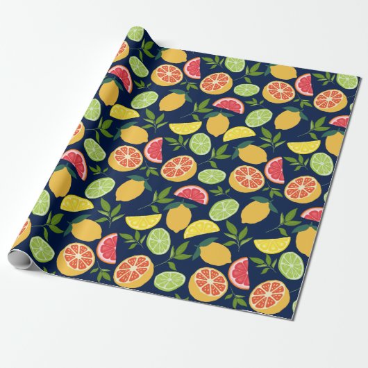 Papier Cadeau Citrus bleu foncé Citron orange Tangerine Motif (Déroulé)