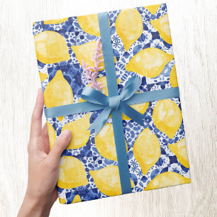 Papier Cadeau Citrus citron Aquarelle Bleu Carrelage méditerrané