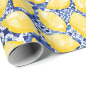 Papier Cadeau Citrus citron Aquarelle Bleu Carrelage méditerrané (Coin rond)