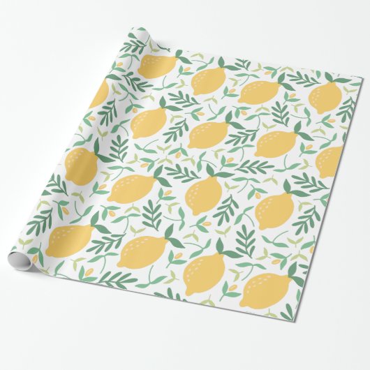 Papier Cadeau Citrus de citron jaune Motif de verdure estivale m (Déroulé)